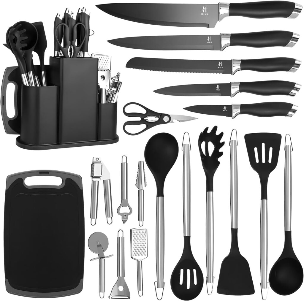 **HILU 20-Piece Kitchen Knife & Utensil Set with Storage Rack (Black)**