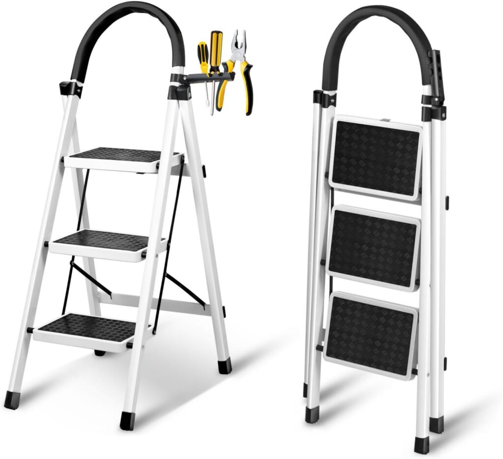 SKY-TOUCH Foldable 3-Step Ladder with Wide Anti-Slip Pedal for Home, Kitchen, Garden, Office