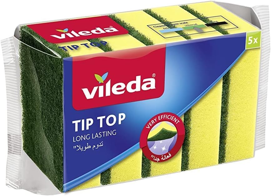 **Vileda Tip Top Dish Washing Sponge Scourer 5 Pcs – Long-Lasting, Durable, Sensitive Surfaces, Yellow & Green**