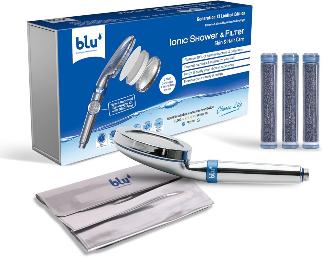 **blu Ionic Handheld Shower Head & Filter – Removes Chlorine, Moisturizes Skin, Prevents Hair Loss**